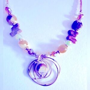 Necklace w Freshwater Pearl, Agate, Glass, Seed Beads & stone wire pendant